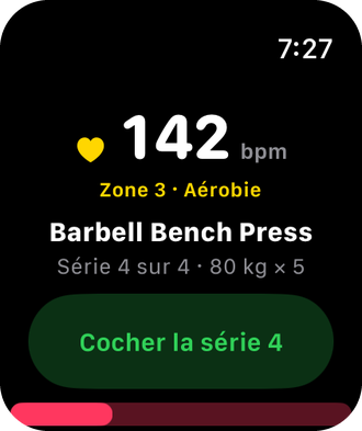 L’app Watch qui affiche 142 bpm en zone 3, Aérobie, Barbell Bench Press, série 4 sur 4, et un bouton « Cocher la série »