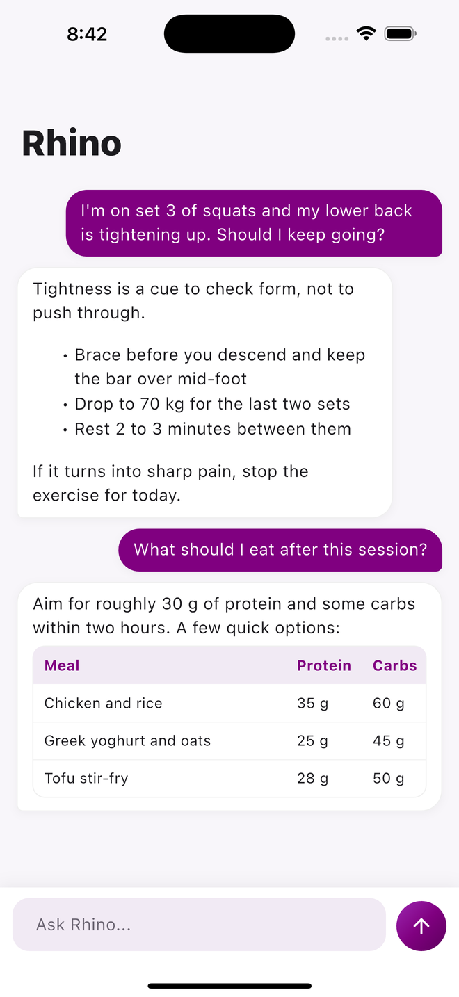 Chat with Rhino answering a question about lower back tightness and post-workout meals