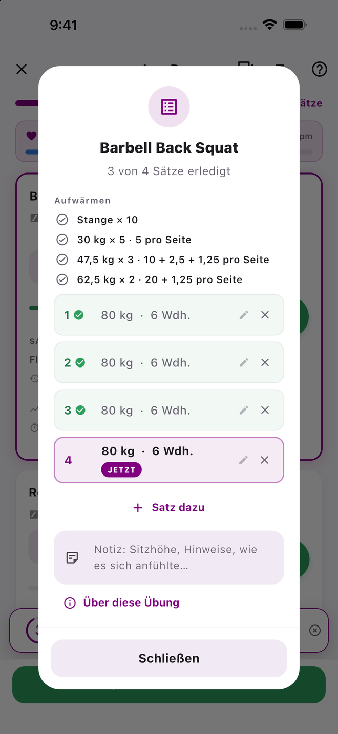 Der Dialog „Satzübersicht“ mit allen Sätzen einer Übung, die erledigten sind abgehakt
