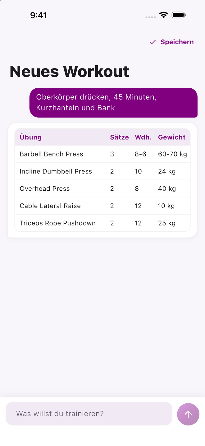 Der Bildschirm „Neues Workout“, auf dem Rhino mit einer Tabelle aus Übungen, Sätzen, Wiederholungen und Gewichten geantwortet hat