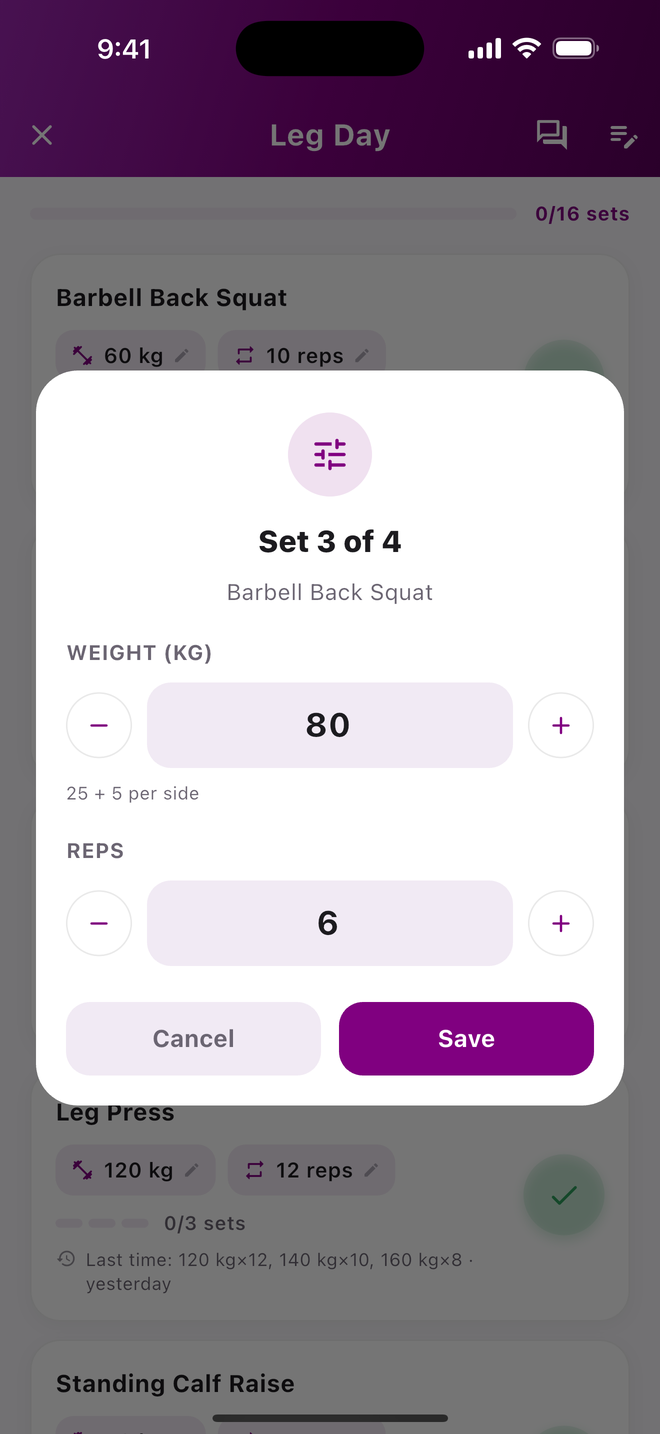 Edit set sheet for set 3 of 4 with plus and minus steppers for weight and reps