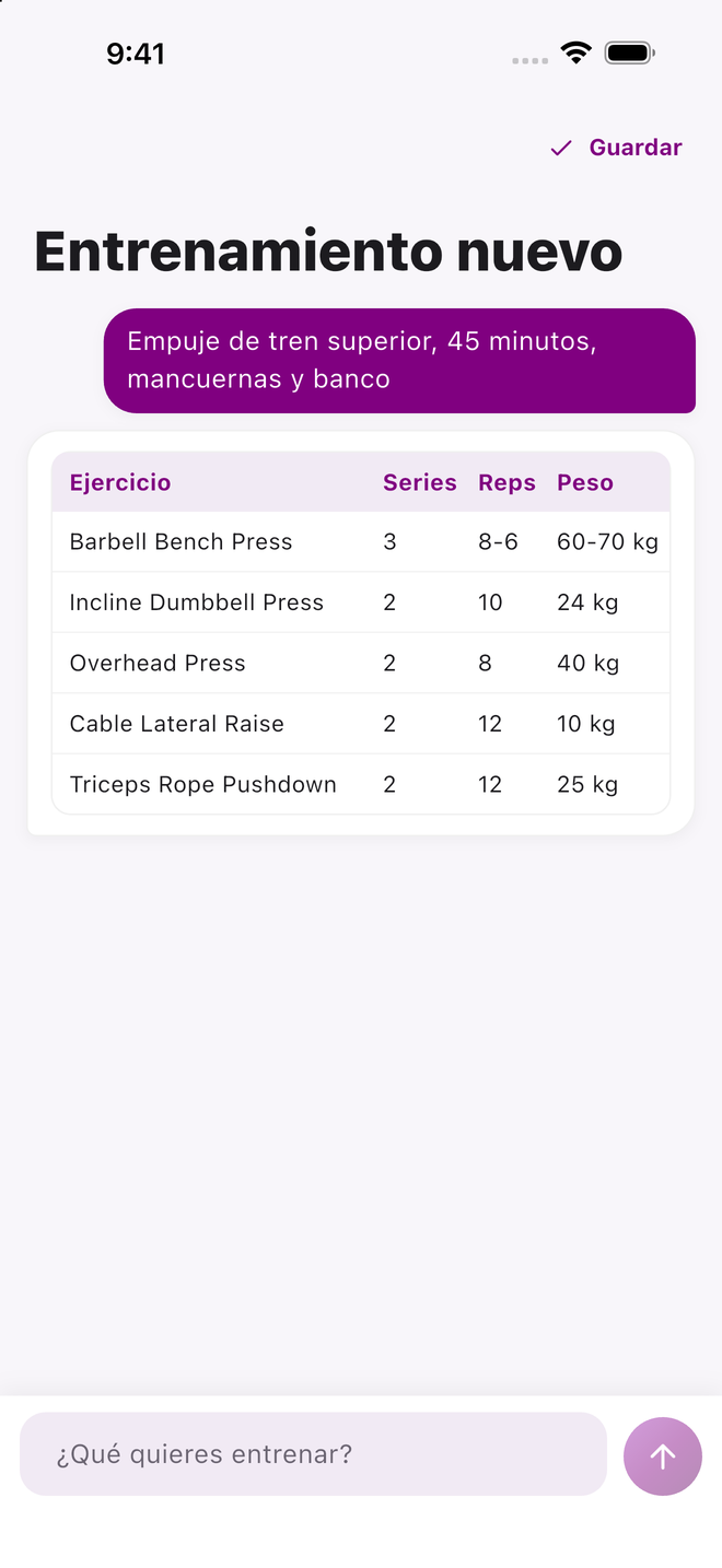 La pantalla “Entrenamiento nuevo”, donde Rhino ha respondido con una tabla de ejercicios, series, repeticiones y pesos