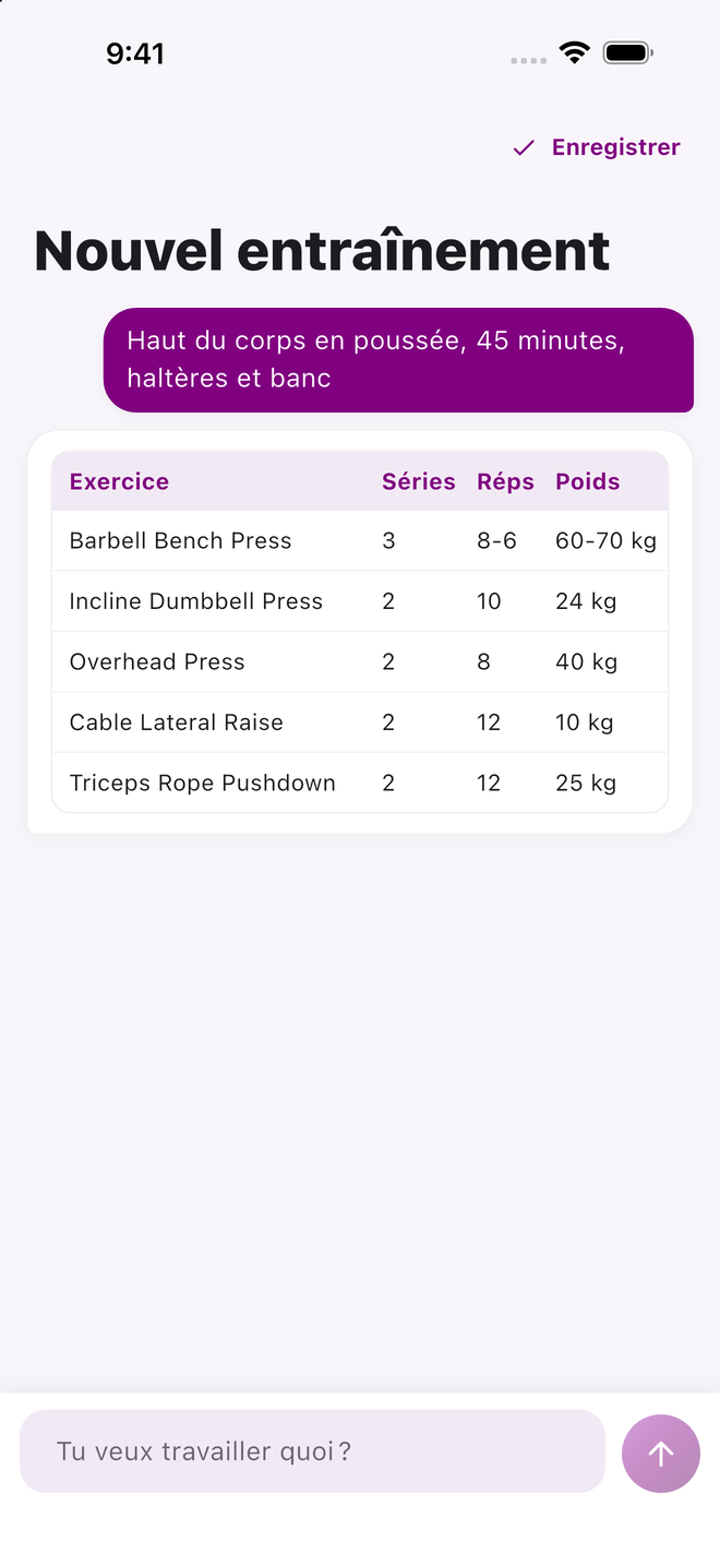 L’écran « Nouvel entraînement », où Rhino a répondu avec un tableau d’exercices, de séries, de répétitions et de charges