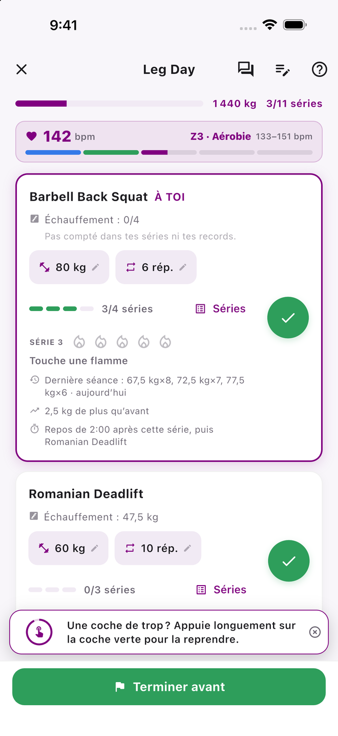 L’écran d’entraînement en pleine série de Leg Day, avec 1440 kg soulevés, 3 séries sur 11 faites et une fréquence cardiaque en direct de 142 bpm en zone 3, Aérobie