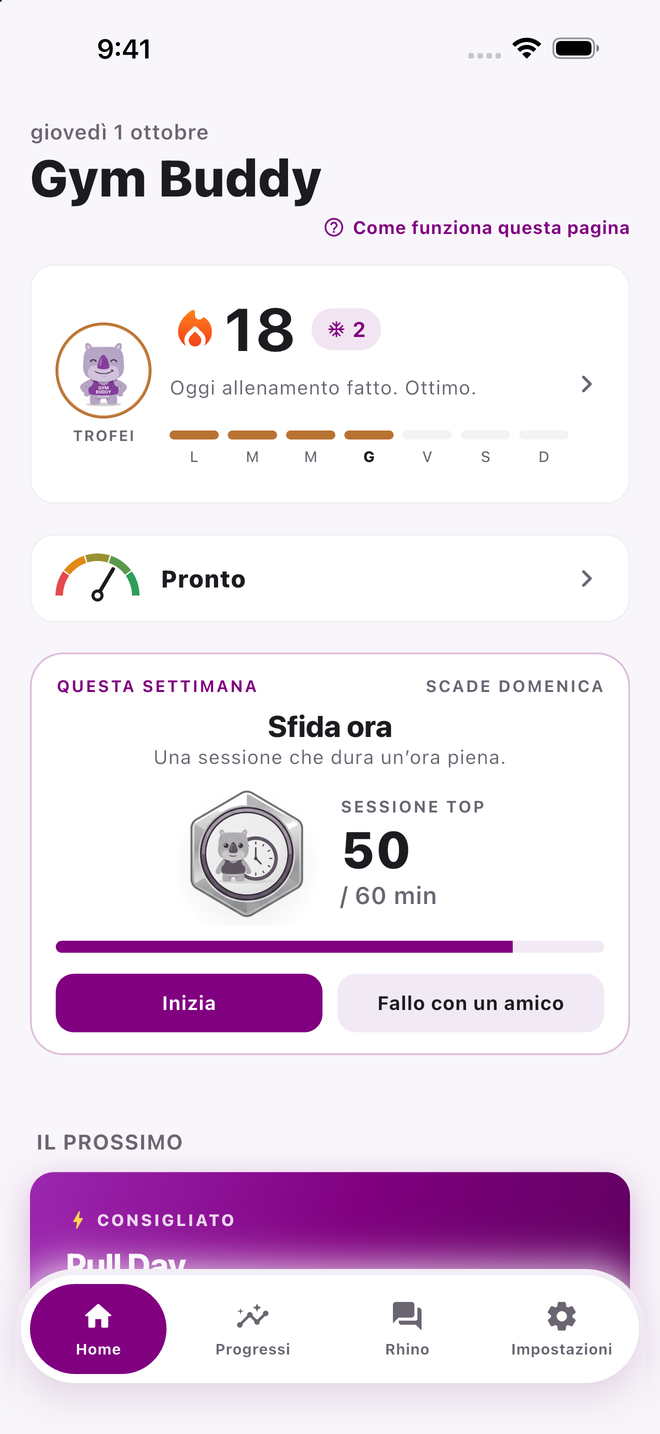 La Home di Gym Buddy con la data in alto e il logo Gym Buddy, una card della striscia di 18 giorni con una fiamma e un’etichetta dei giorni congelati, la riga della prontezza che indica «Pronto», la card della Sfida ora, l’allenamento consigliato Pull Day e la barra delle schede fluttuante