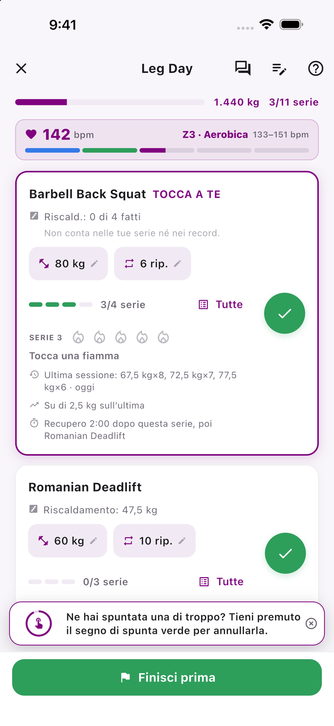La schermata dell’allenamento a metà serie di Leg Day, con 1440 kg spostati, 3 serie su 11 fatte e un battito in tempo reale di 142 bpm in zona 3, Aerobica