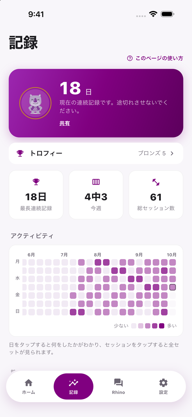 記録タブ。連続記録、今週の筋肉マップ、トロフィーの列、アクティビティのヒートマップ