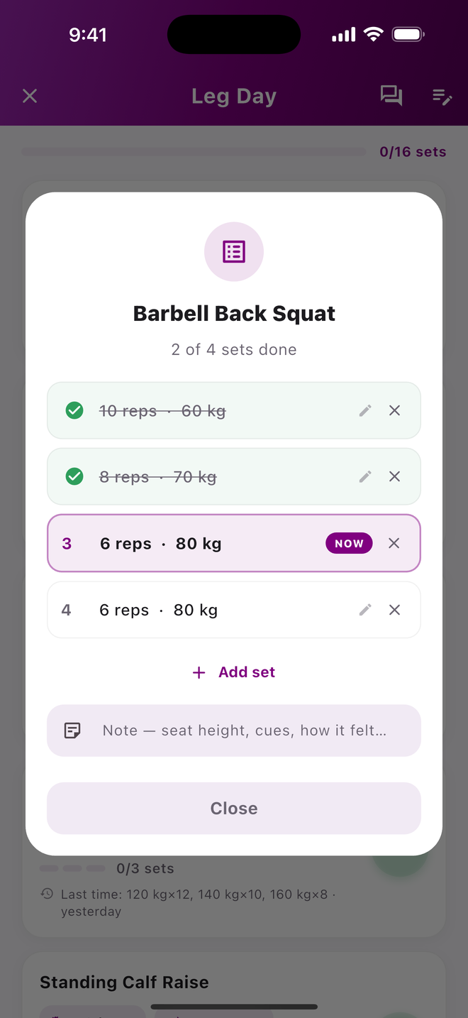 Set overview sheet listing every set of Barbell Back Squat, two of four done, with the set in progress highlighted