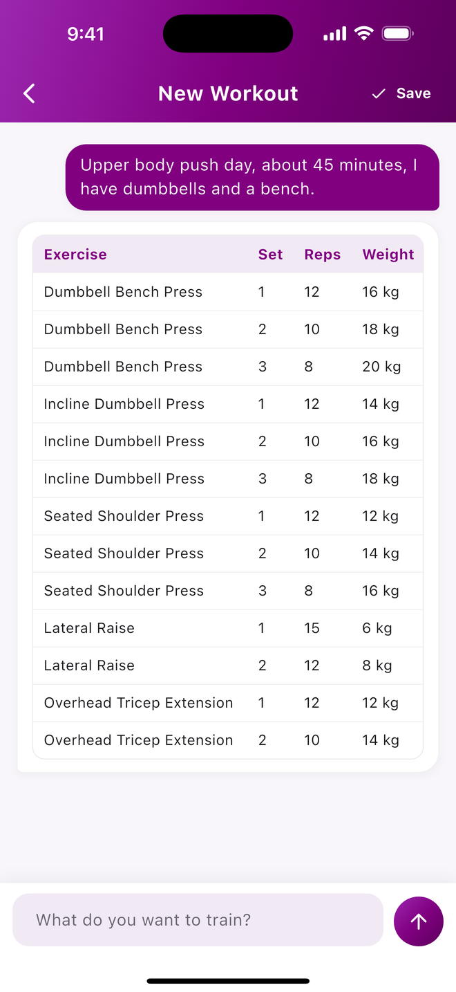 New Workout screen where Rhino has replied with a table of exercises, sets, reps and weights