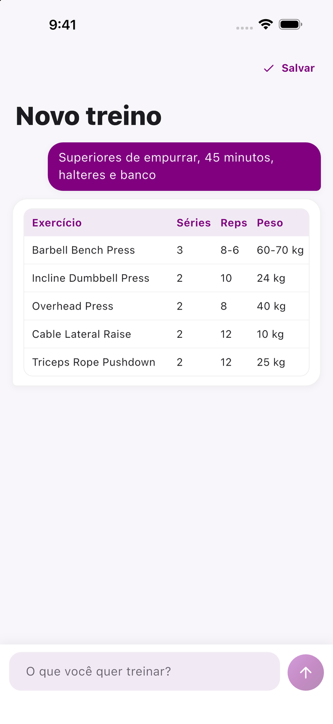 A tela “Novo treino”, em que o Rhino respondeu com uma tabela de exercícios, séries, repetições e pesos