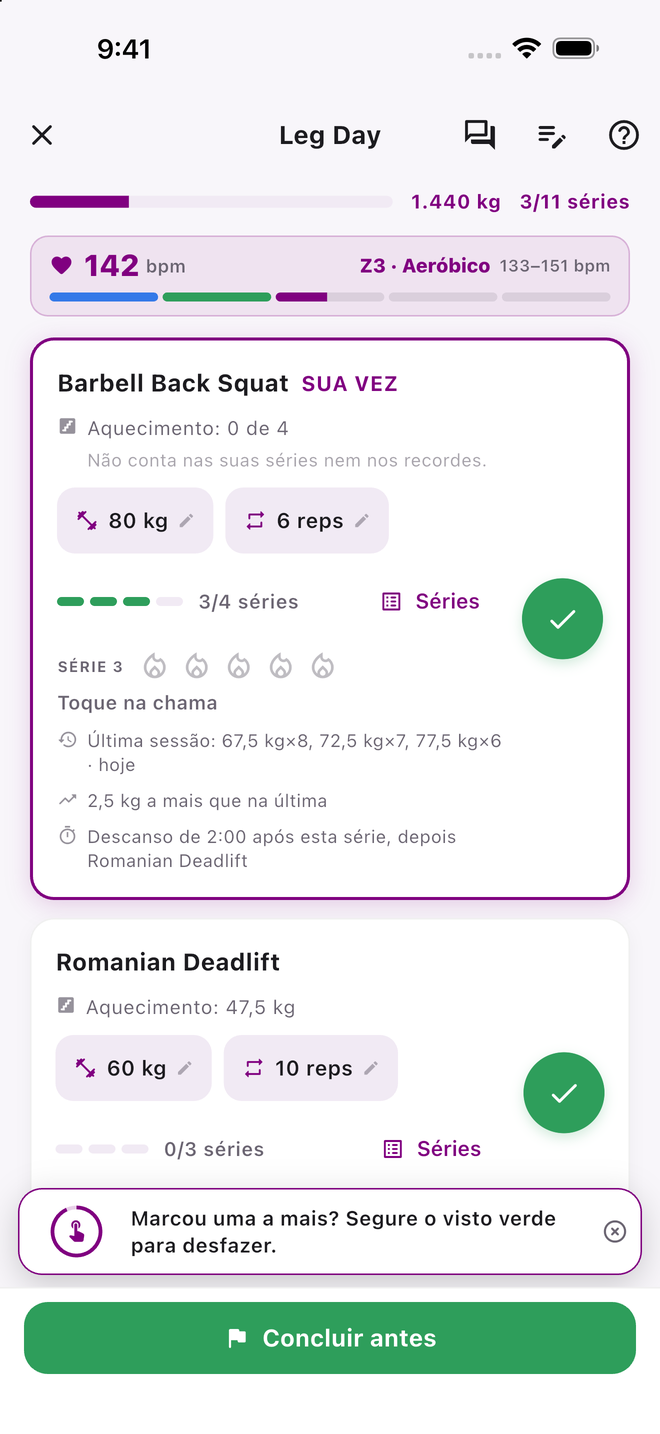A tela do treino no meio de uma série do Leg Day, com 1440 kg movidos, 3 de 11 séries feitas e frequência cardíaca ao vivo de 142 bpm na zona 3, Aeróbico