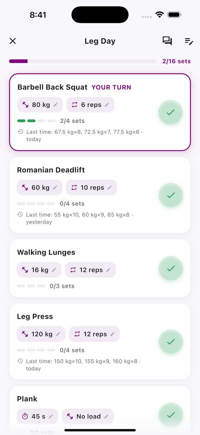 Workout screen with one card per exercise showing the current set's weight and reps