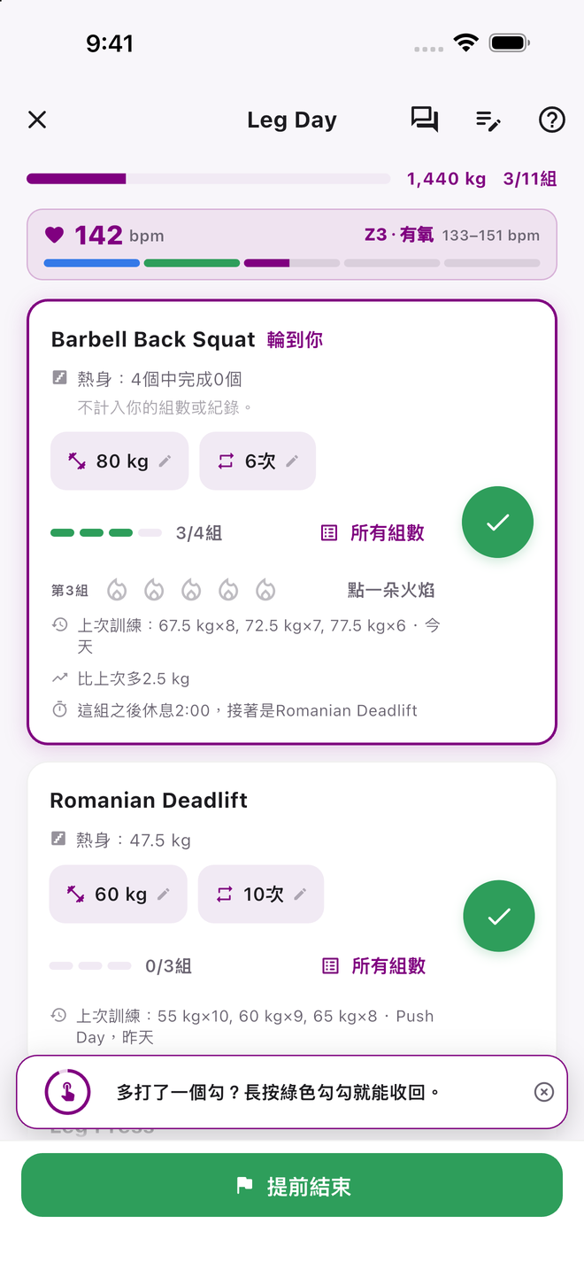 Leg Day訓練畫面，正在做一組：總重量1,440 kg，11組已完成3組，即時心率142 bpm，位於區間3（有氧）